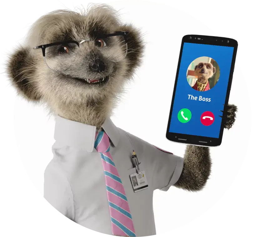 Sergei holding smartphone with incoming call, smiling at the camera